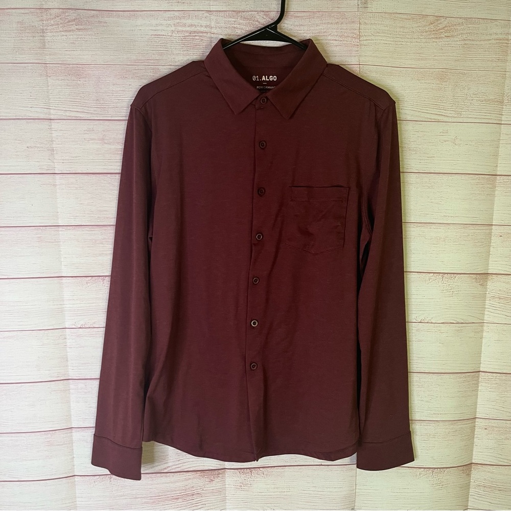 01. ALGO Maroon Performance Quick Dry Button‎ Down Long Sleeve Shirt Size Small